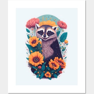 Cheerful Raccoon Amidst Colorful Blooms Posters and Art